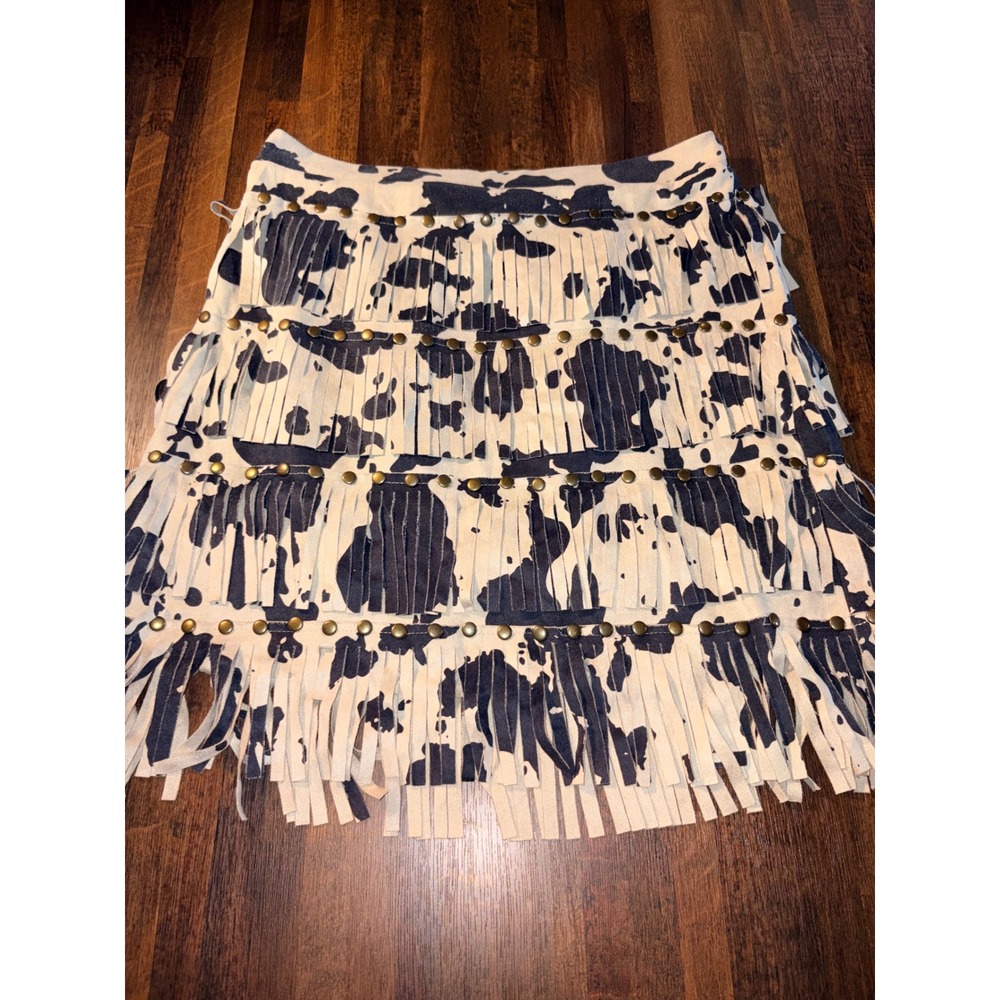 Fashion Express Cow Print Fringe Studded Mini Skirt Western Boho Women Large
